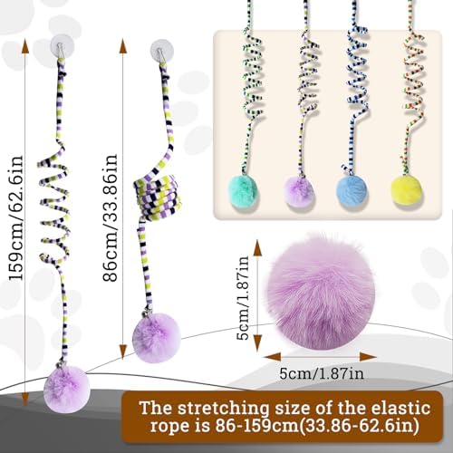 Andiker Cat Spring Toy, Self-Play Stretchable Door Hanging Cat Toy with Bell for Indoor Interactive Cat Toy, Soft Plush Ball with Spring Kitten Toy for Cat Kitten Playing Exercising (Yellow+Blue)