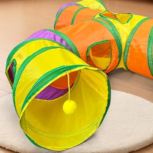 3-Way Cat Tunnels for Indoor Cats with Peek Hole, Large Foldable Rainbow Pet Tube Toy with Hanging Ball, Fun Interactive Toys for Kittens, Rabbits, Small Dogs