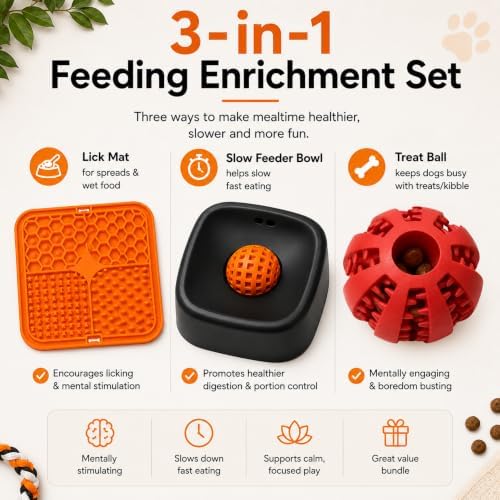 3-in-1 Slow Feeder Dog Bowl Set with Lick Mat, Treat Dispensing Ball, Puzzle Toy Feeder, Non Slip Pet Food Dish, Lick and Roll Feeding Solution, Anxiety Relief, Small Breed Feeding Kit
