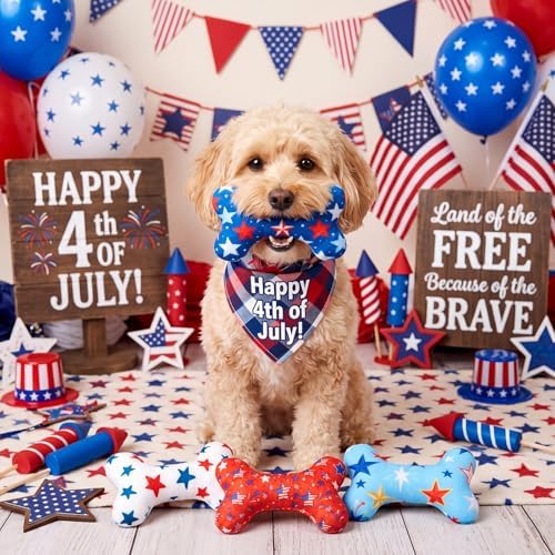 Civaner 24 Pcs 4th of July Squeaky Dog Toys Bulk Stuffed Plush Toys for Dogs Interactive Teething Chew Plaything for Small Medium Large Pets Teething Cleaning and Training
