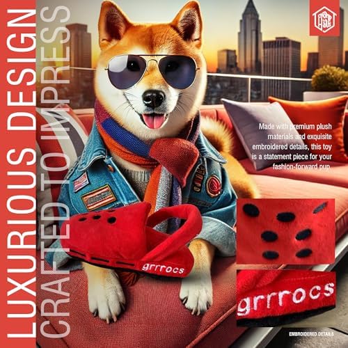 Grrrocs – Luxurious Parody Plush Dog Toy with Squeaker, Premium Fabric, Embroidered Details, Designer-Inspired Chew Toy, Fun Gift for Medium Dogs & Dog Lovers