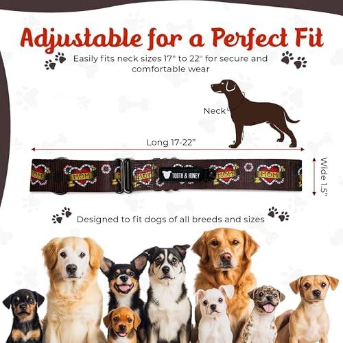 Tooth & Honey Martingale Dog Collar, 1.5-Inch Wide Mom Tattoo Heart Design
