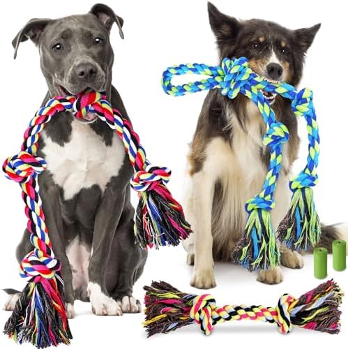 Forfon Tough & Strong Dog Toy for Aggressive Chewers – Tough Chew Toys for Large Dogs, Ideal for Tug-of-War & Teeth Cleaning, with 3 Rope Toys & 2 Dog Bags