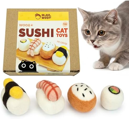 Woolbuddy Wool Cat Toys (Big Sushi 4 PCS) for Indoor Cat Kitten Catnip-Free