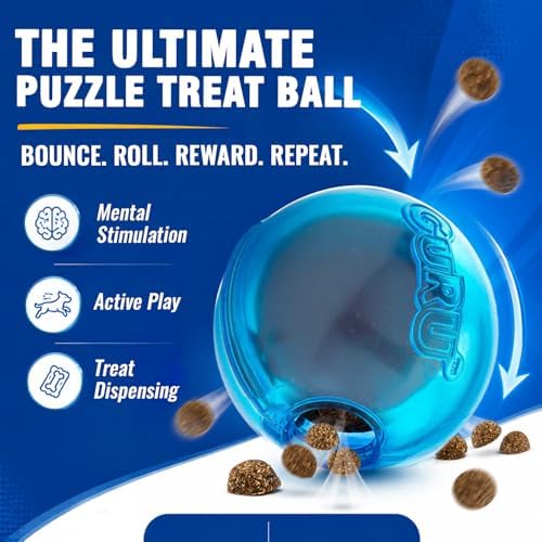 Guru Pet Ball - Medium Blue - Dog Toy, Hides & Dispenses Treats, Slow Feeding, Easy Loading, Durable Rubber, Roll-Bounce-Spin-Tumble-Solve-Play