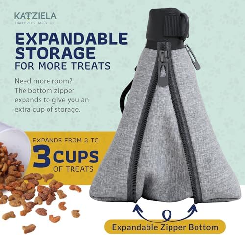 Katziela Expandable Pet Treat Pouch - Hands Free Dog Treat Pouch, Quick Access Magnet Closure - Anti Spill Dog Treat Bag - Treat Pouches for Pet Training, Adjustable Shoulder Strap & Belt Clip (Grey)