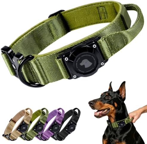 Tactical AirTag Dog Collar with Holder for Medium Large Dogs, Green, XL