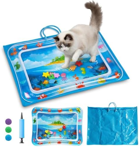 Cat Water Mat with Protective Bag, Scratch Resistant Thickened PVC Water Play Mat, Summer Cooling Interactive Water Filled Mat, Portable Foldable Paw Proof Cat Toy Mat for Indoor Outdoor (A)