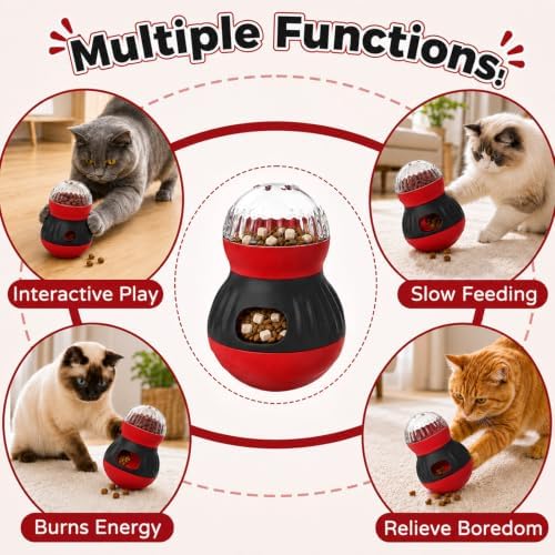 Interactive Cat Wobble Toy Treat Dispenser – Cat Puzzle Feeder & Slow Feeder Ball for Indoor Cats, Small Dog Enrichment Toy for Puppies (RED)