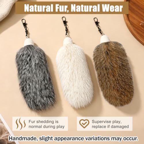 3 Pack Natural Rabbit Fur Cat Toy Refills, Handmade Interactive Cat Wand Attachments Cat Teaser Wand Replacement Head for Indoor Cats and Kittens