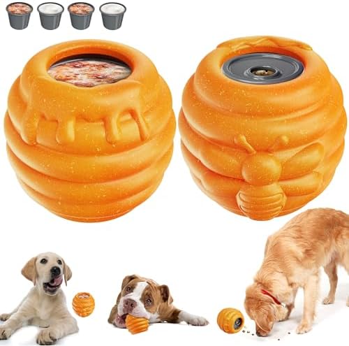 Durable Dog Toys 2 pack, Fillable Dog Treat Dispenser and Enrichment Peanut Butter Frozen Licking Toys in Honey Pot Shape, Interactive and Mental Stimulation Toys for Large Dogs to Keep Them Busy