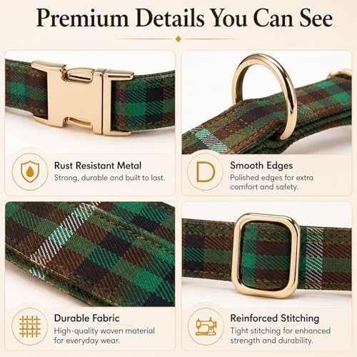 Soft Cotton Dog Collar Classic Plaid Pet Collars with Metal Clasp for Medium Dogs with Sensitive Skin, Forest Green