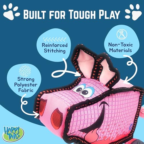 Happy Tails Square Pig Dog Toy for Medium to Large Dogs - Durable Polyester, Squeaky, Reinforced Stitching, Interactive Pet Playtime, Safe Chew Toy