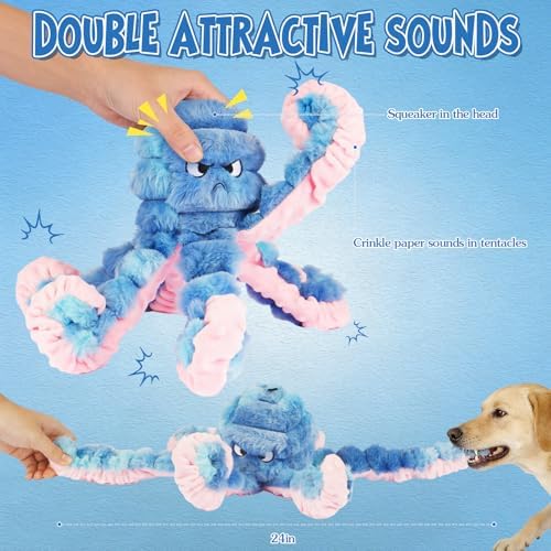 Tough Octopus Dog Toy, Interactive Squeaky & Crinkle Tug of War Toy for Aggressive Chewers, Large Durable Plush Chew Toys to Keep Dogs Busy- Crinkle Octopus, Large (Blue)