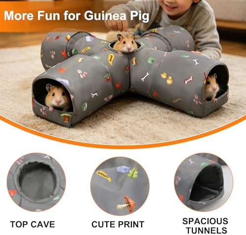 4-Way Small Pet Tunnel with Top Cave, Collapsible Interactive Hideout Tunnel for Hamster, Guinea Pig, Gerbil, Chinchilla, Dwarf Rabbit & Other Small Animals