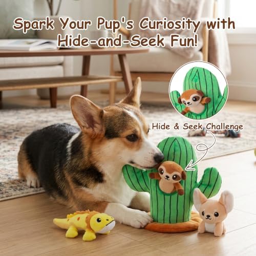 Hollypet Squeaky Hide and Seek Dog Toys for Small and Medium Dogs, Cactus