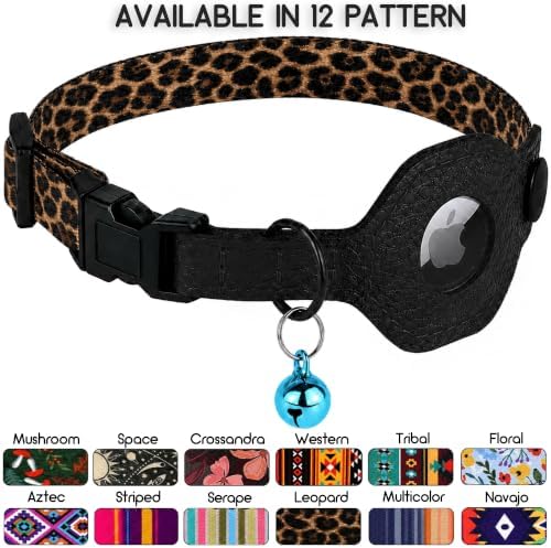 Breakaway Cat Collar with Leather AirTag Holder & Bell - Apple Air Tag Cat Collars for Girls & Boys, Lightweight Anti-Lost GPS Tracker Design, Printed Pattern - Safety and Adjustable (Leopard)