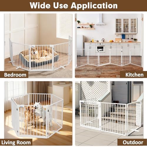 156" Extra Wide Dog Gate, Heavy Duty Metal Freestanding Dog Gate with Door for Indoor & Outdoor, Foldable Pet Fence for Doorways,House,Porch,Deck,Yard,Stairs, Auto Close(6 Panels,White)