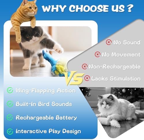 Chirping Flapping Bird Cat Toy for Indoor Cats (Not Flying), Interactive Rechargeable Motion Sensor Toys, Lifelike Simulated Sparrow Kitten Exercise Toys for Bored Cats Entertainment