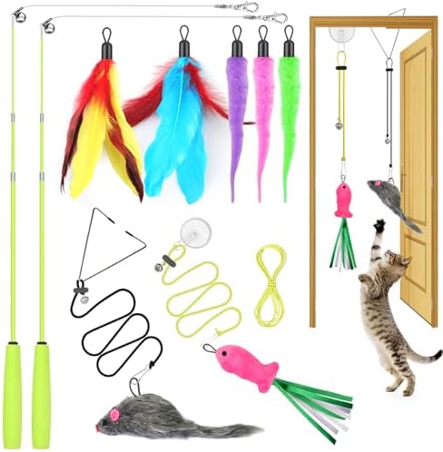 ChicWow Interactive Retractable Cat Wand & Hanging Toys for Cats - 2 Wands, 2 Hanging, 7 Teaser Cat Toys for Indoor Adult Cats Kitten, Includes Feather, Mouse, Fish, Worm, 1 Spare Elastic Rope