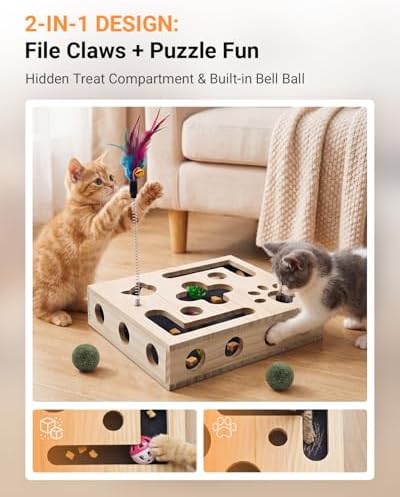 Cat Toys for Indoor Cats - Cat Nail File Box with Interactive Cat Toys, 2026 Upgraded Cat Puzzle Feeder Scratch Puzzle Toy for Indoor Cats, Natural Claw Care (Wood)