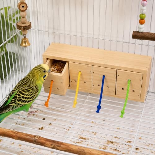 Bird Foraging Toys, Wooden Bird Foraging Box with 4 Compartments, Interactive Parrot Puzzle Toy for Treat Dispensing and Natural Enrichment, Parakeet, Cockatiel, Lovebird and Conure Cage Accessories