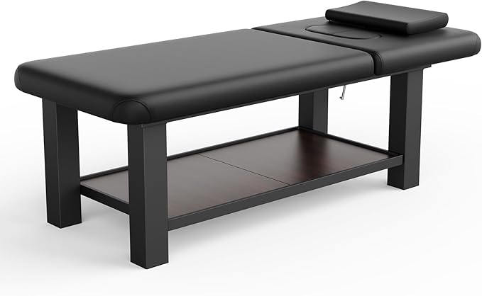 Adjustable Backrest Heavy-Duty Wide Massage Table, Treatment Physical Therapy Table, Wide Luxury Professional Stationary Spa Facial Bed, PU Leather Salon Bed, Black, 31.5'' W × 75'' L