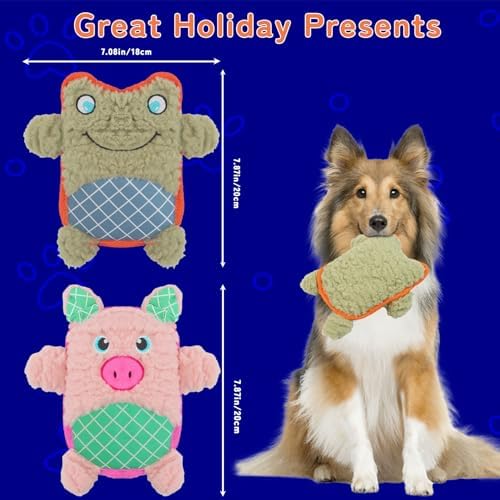 Crinkle Dog Toys Squeaky Plush No Stuffing Cute Puppy Stuffless Tough Rop Pull Toy, Fun Dog Stuffed Animals Durable Chew Set for Small Medium Large Pup (Large, Pink Pig+Green Frog)