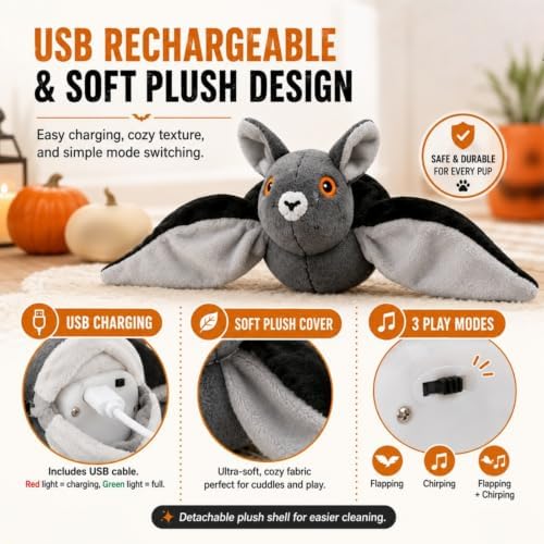 Flying Bat Dog Toy, Flapping Bat Dog Toy for Dogs & Cats, Flapping Wings Interactive Pet Toy with Chirping Sounds, Hanging and Ground Play with Detachable USB Rechargeable，1pcs