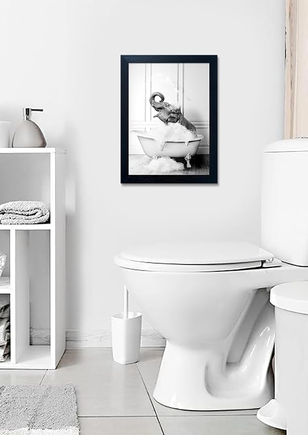 Framed Bathroom Decor Wall Art Elephant in Bathtub Pictures Wall Decor Funny Black and White Animal Canvas Print Artworks for Bathroom