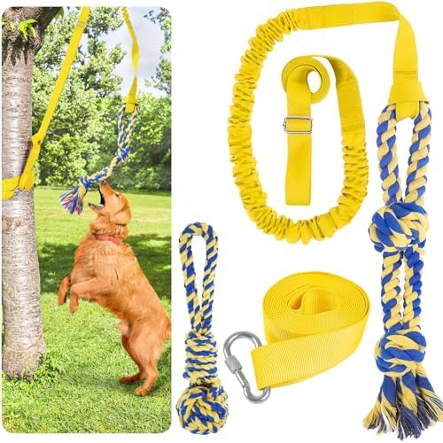 XiaZ Tug of War Dog Toy, Interactive Dogs Toy Bungee Hanging Tether with 2 Chew Rope Toys, Heavy Duty Puppy Outdoor Activity Aggressive Chewers Best Small to Large Boredom Exercise and Play (Yellow)