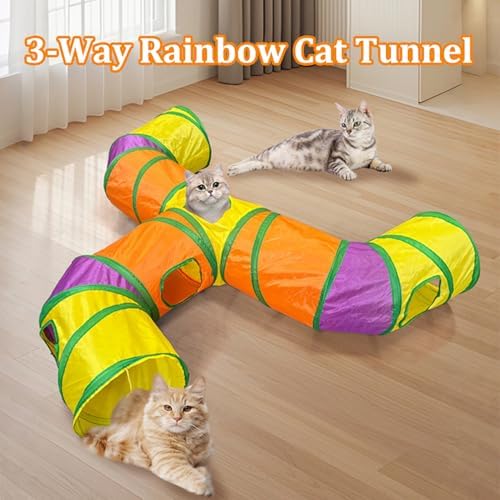 3-Way Cat Tunnels for Indoor Cats with Peek Hole, Large Foldable Rainbow Pet Tube Toy with Hanging Ball, Fun Interactive Toys for Kittens, Rabbits, Small Dogs