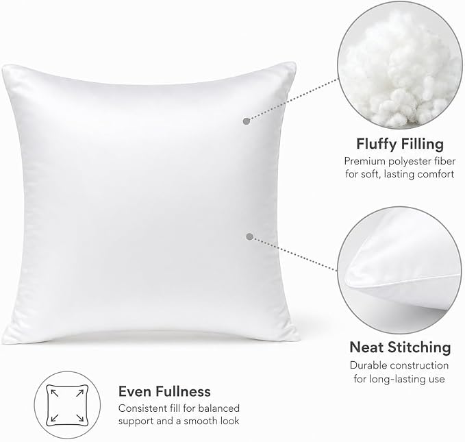 Bemaystar Pillow Inserts, White Satin Pillow Inserts for Throw Pillow Covers, Soft Fluffy Square Cushion Inserts for Sofa Bed Couch Home Decor, 24x24 Inch