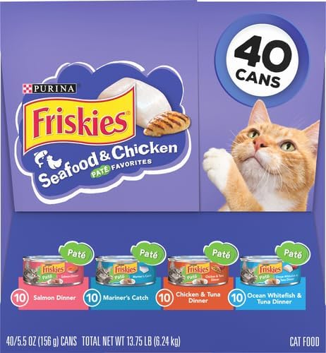 Friskies Purina Pate Wet Cat Food Variety Pack Seafood and Chicken Pate Favorites VP - 5.5 oz. Cans,(Pack of 80)