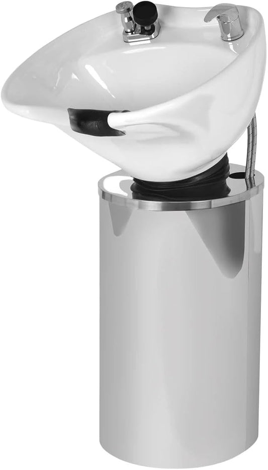 Buy-Rite Paris Pedestal Shampoo Unit with stainless steel base, white tilting porcelain bowl, faucet, spray hose, drain, and vacuum breaker – durable professional salon equipment.