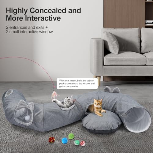 Linen Cat Tunnels with Central Cat Bed, Interactive Cat Toys Detachable Washable Soft Mat Large Indoor Play Tunnel Cave for Kittens and Small Animals