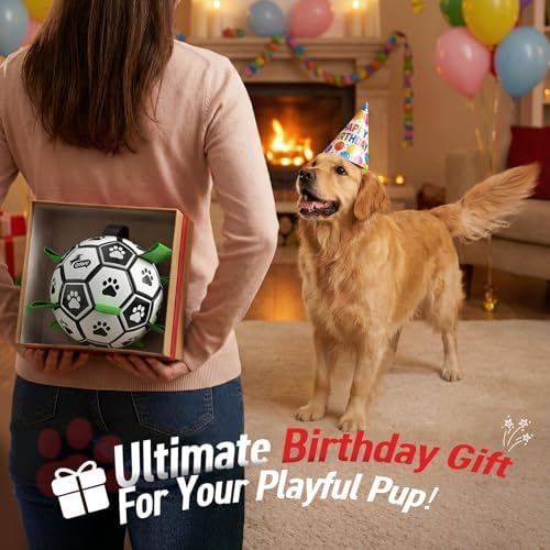 QDAN Dog Toys Dog Balls, 6 Inch Dog Soccer Ball with Straps, Herding Balls | Dog Birthday Toy, Balls for 20-40lbs Dogs, Outdoor Puppy Toys to Keep Them Busy, Interactive Toy for Tug, Pool Water Toy Ball