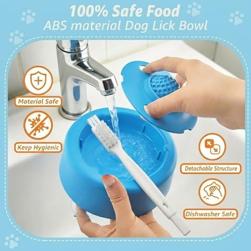 Slow Feeder Dog Bowl with Rolling Ball, Interactive Lick Bowl, Non-Slip, Spatula & Cleaning Brush Set, Anxiety Relief Toy (Light Blue)