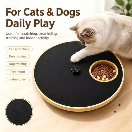 2 in 1 Wooden Pet Slow Feeder Puzzle Toy, Rotating Treat Dispenser with Nail Scratch Pad for Dogs Cats