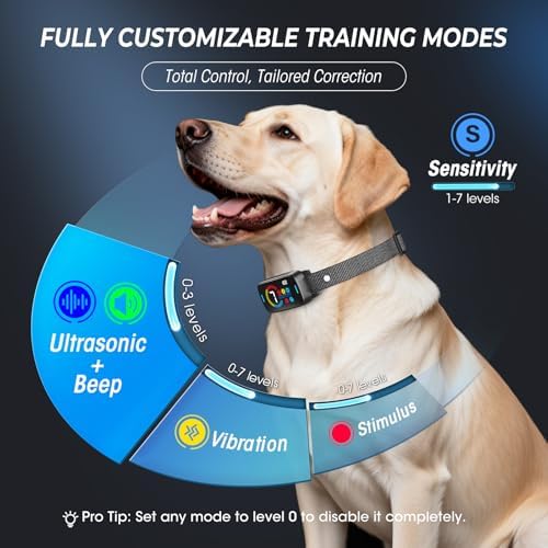 Ultrasonic Bark Collar for Large Medium Small Dogs, Humane No Bark Collar with Beep & Vibration, Smart Barking Collar with 7 Adjustable Sensitivity Levels, Rechargeable Bark Collar for Dogs,Waterproof