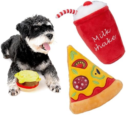 Plush Dog Toy Food Shaped Stuffed Pet Toys Puppy with Squeaker Crinkle Funny Cute Interactive Gift Relieve Anxiety Aggressive Play [2pcs] Pizza & Milkshake