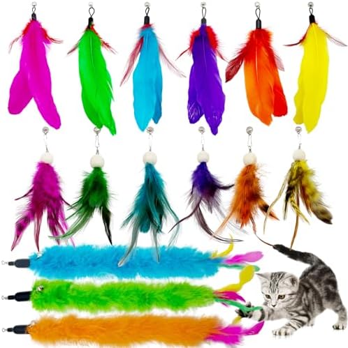 15 Pieces Cat Feather Toy Refills, Cat Toys Wand Replacement Attachments Assorted Feathers Toy for Indoor Cats