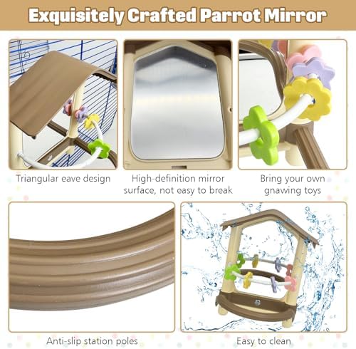 kathson Bird Mirror with Plastic Perch and 5PCS Colorful Rattan Balls Parakeet Hanging Swing with Mirror Interactive Toy Bird Cage Accessories for Cockatiel Parrot Conures Cockatoo Finch(Brown)
