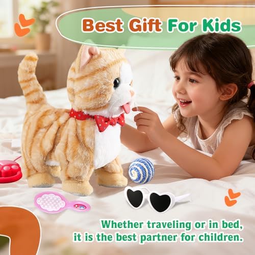 Yellow Walking Cat for Girls Set Toy Talking Singing Animated Robot Kitty Interactive Plush for Cat for Kids Kitten Robotic Plush That Meow and Purrs Electric Robot for Toddlers Baby