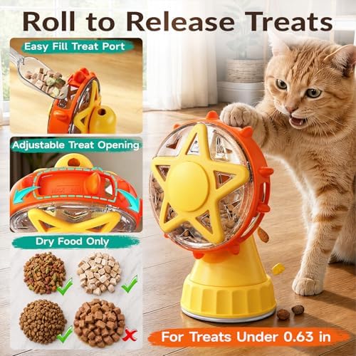 Interactive Cat Toy Ferris Wheel Treat Dispenser - Slow Feeder Puzzle Toy with Strong Suction Cup & Teaser Wand - Mental Stimulation Enrichment Toys for Indoor Cats & Kittens
