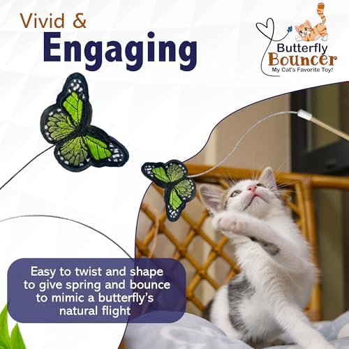 Butterfly Bouncer - Butterfly on Wire Bounces to Mimic a Real Butterfly's Flight - Interactive Cat Toy - Cats/Kittens Play Catch Chase Exercise-Comfortable Bamboo Handle-Stocking Stuffer-Made in USA