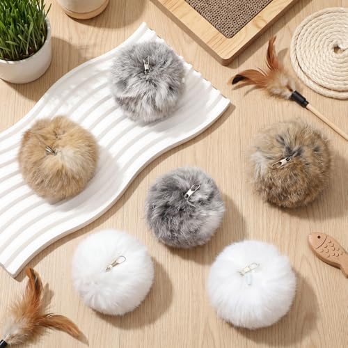 18 Pack Natural Rabbit Fur Cat Toy Refills, Mouse Tail Fur Ball Shaped Cat Toys, Interactive Cats Wand Toy Replacement Head with Secure Connector (Pom Pom)