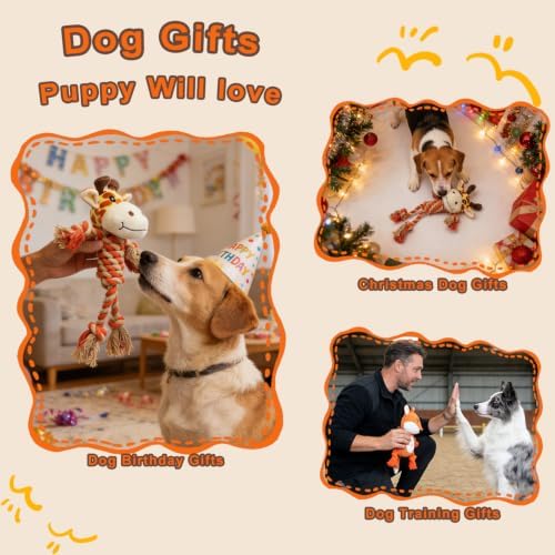 Giraffe Rope Dog Toy, Plush Fox Squeaky Dog Toy, 2 Pack