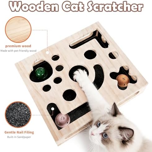 Cat Nail File Enrichment Box, Wood Puzzle Scratcher Toy with Sandpaper