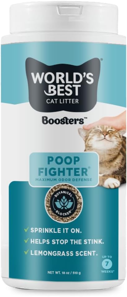 World's Best Cat Litter, Boosters Poop Fighter Additive, 18 oz Canister | Eliminates poop, urine, and ammonia odors with lemongrass scent; sprinkle-on booster, natural and sustainable litter additive